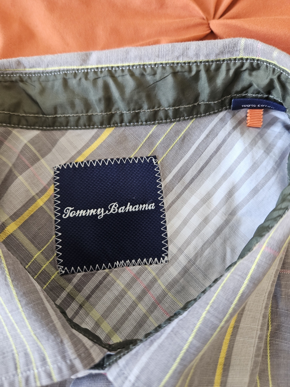 Tommy Bahama Gray Plaid Shirt with Yellow and Pink Stripes
